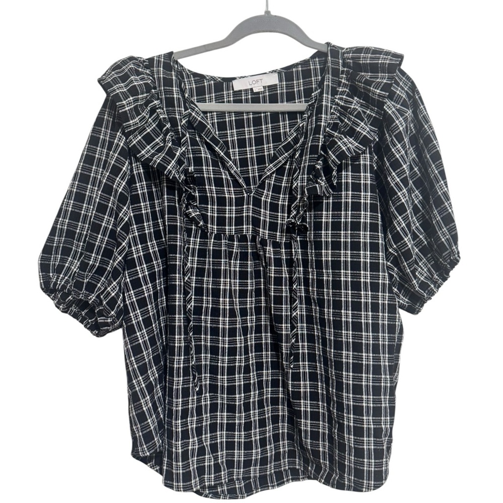 LOFT Plaid Ruffle Blouse in Black and White